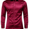 ZELQUAR™ Satin Shirt for Men, Premium Smooth Fabric, Regular Fit, Burgundy Red, Long Sleeve, Party and Casual Wear