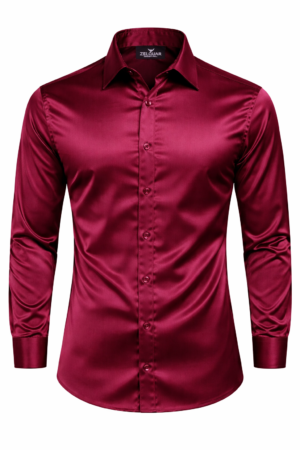 ZELQUAR™ Satin Shirt for Men, Premium Smooth Fabric, Regular Fit, Burgundy Red, Long Sleeve, Party and Casual Wear