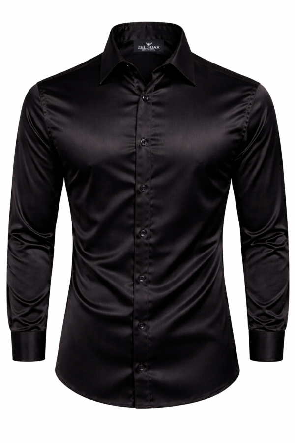 ZELQUAR™ Men's Satin Shirt, Black, Long Sleeve, Regular Fit, Premium Smooth Fabric for Party and Casual Wear