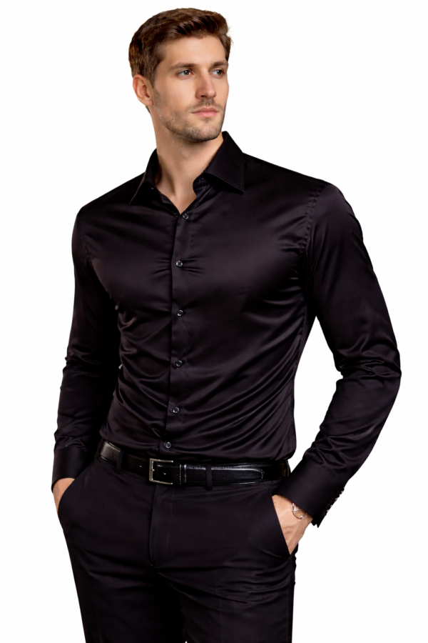 ZELQUAR™ Men's Satin Shirt, Black, Long Sleeve, Regular Fit, Premium Smooth Fabric for Party and Casual Wear
