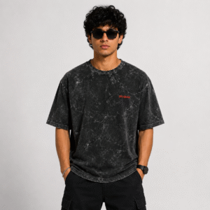 ZELQUAR™ Men's Black Embroidery 240 GSM heavyweight  Acid Washed Oversized Tee