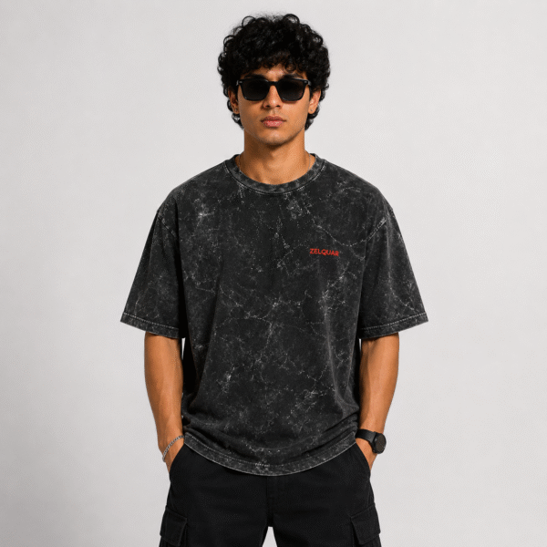 ZELQUAR™ Men's Black Embroidery 240 GSM heavyweight  Acid Washed Oversized Tee