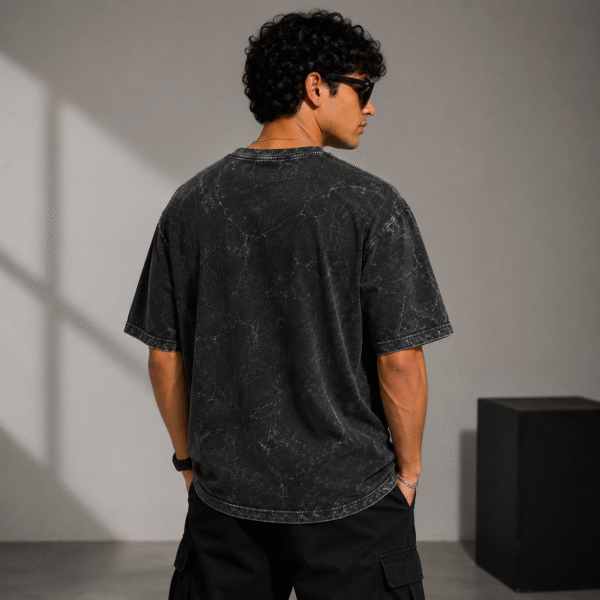 ZELQUAR™ Men's Black Embroidery 240 GSM heavyweight  Acid Washed Oversized Tee