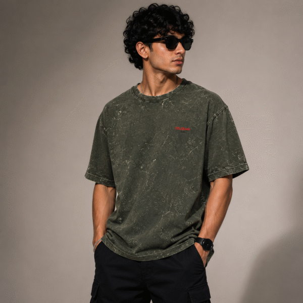 ZELQUAR™  Embroidery Men's 240 GSM Bottle green heavyweight Acid Washed Oversized Tee