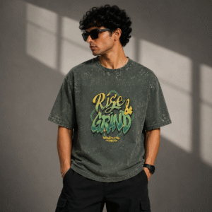 ZELQUAR™  Men's 240 GSM Acid Wash Oversized "Rise & Grind" Graphic T-Shirt | Premium Heavyweight Cotton
