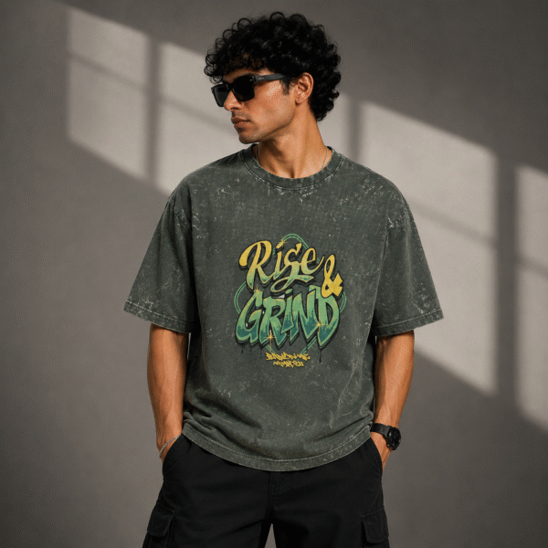 ZELQUAR™  Men's 240 GSM Acid Wash Oversized "Rise & Grind" Graphic T-Shirt | Premium Heavyweight Cotton