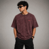ZELQUAR™  Men's Maroon Embroidery 240 GSM heavyweight Acid Washed Oversized Tee