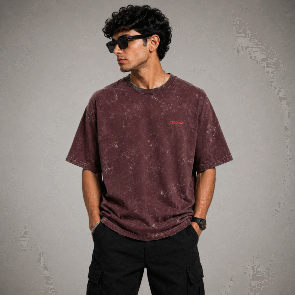 ZELQUAR™  Men's Maroon Embroidery 240 GSM heavyweight Acid Washed Oversized Tee