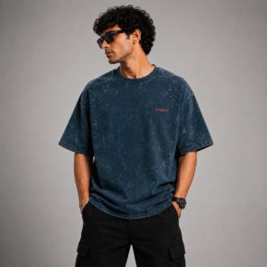 ZELQUAR™ Embroidery Men's Navy-Blue 240 GSM heavyweight Acid Washed Oversized Tee