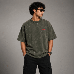 ZELQUAR™ Men's Olive green 240 GSM heavyweight Acid Washed Oversized Tee