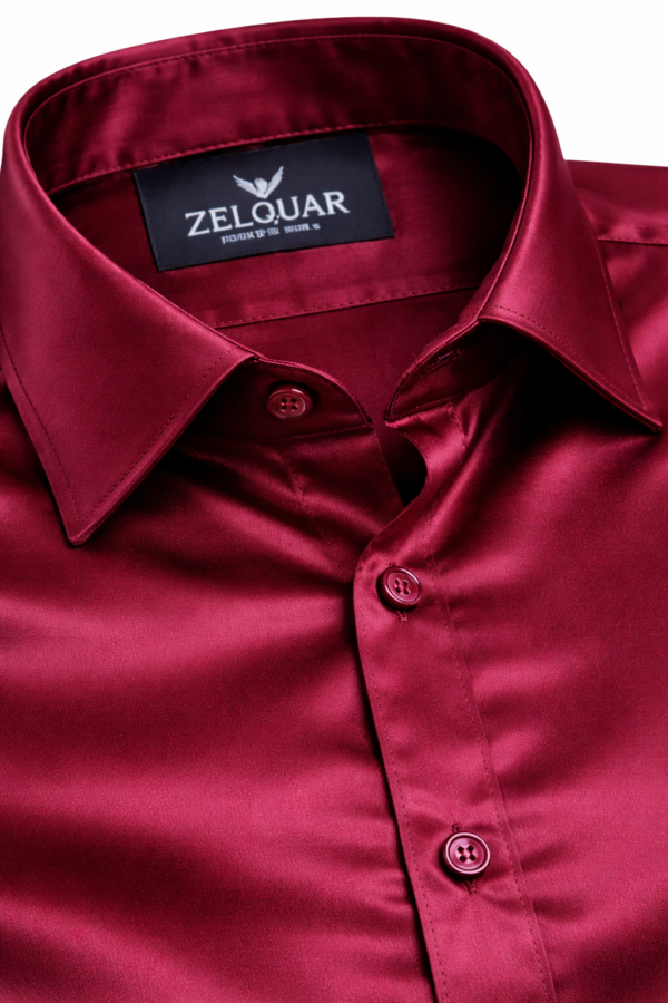 ZELQUAR™ Satin Shirt for Men, Premium Smooth Fabric, Regular Fit, Burgundy Red, Long Sleeve, Party and Casual Wear