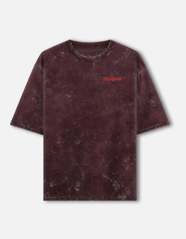 ZELQUAR™  Men's Maroon Embroidery 240 GSM heavyweight Acid Washed Oversized Tee